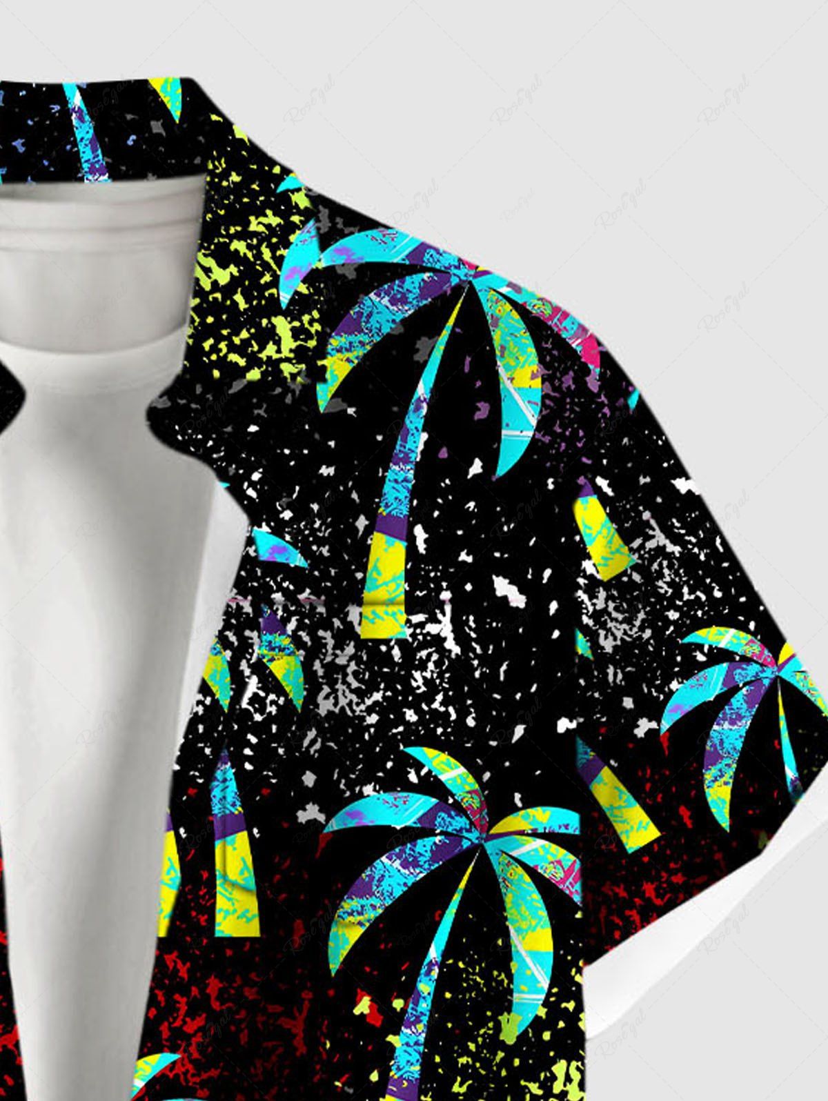Plus Size Coconut Tree Paint Splatter Print Buttons Pocket Hawaii Shirt For Men
