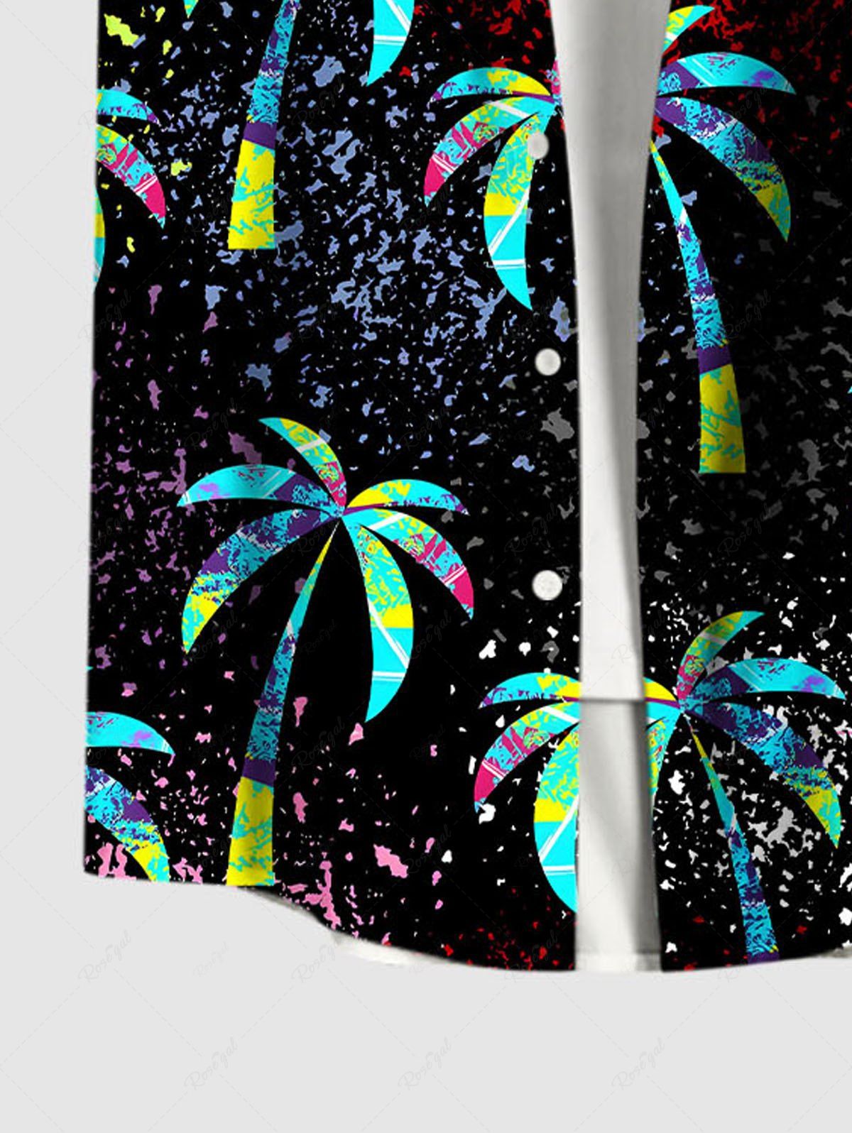 Plus Size Coconut Tree Paint Splatter Print Buttons Pocket Hawaii Shirt For Men