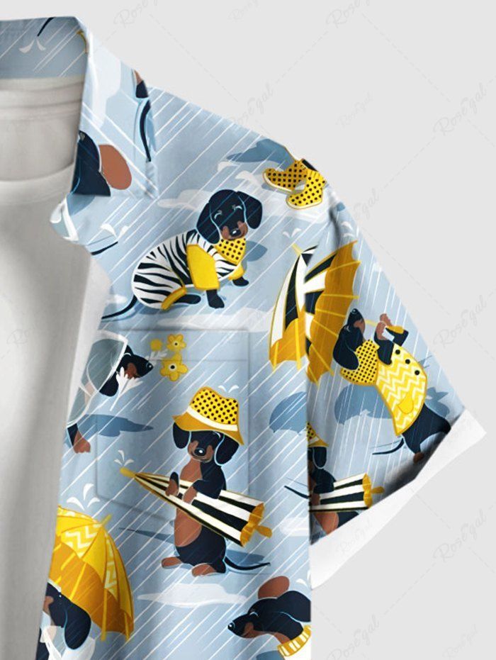 Plus Size Colorful Dog Umbrella Print Button Pocket Shirt For Men