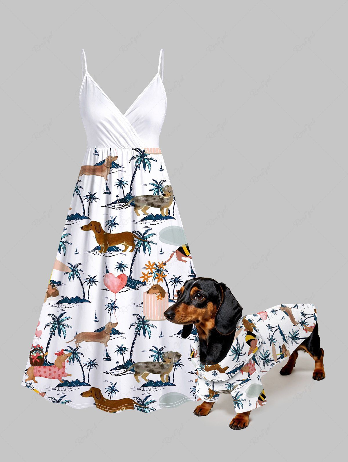 Dog Coconut Tree Heart Print Hawaii Shirt and Cami Dress Dog and Owner Matching Outfits