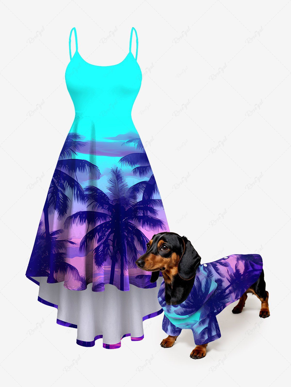 Coconut Tree Cloud Seascape Ombre Print Hawaii Shirt and Cami Dress Dog and Owner Matching Outfits