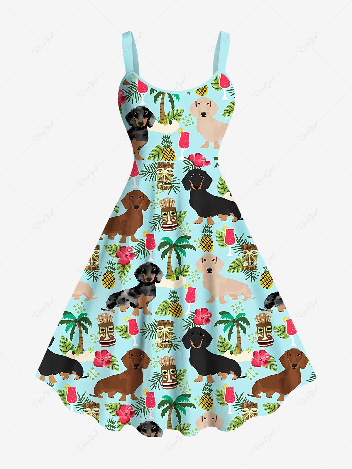 Coconut Tree Dogs Hibiscus Flowers Pineapple Mask Print Hawaii Shirt and Tank Dress Dog and Owner Matching Outfits