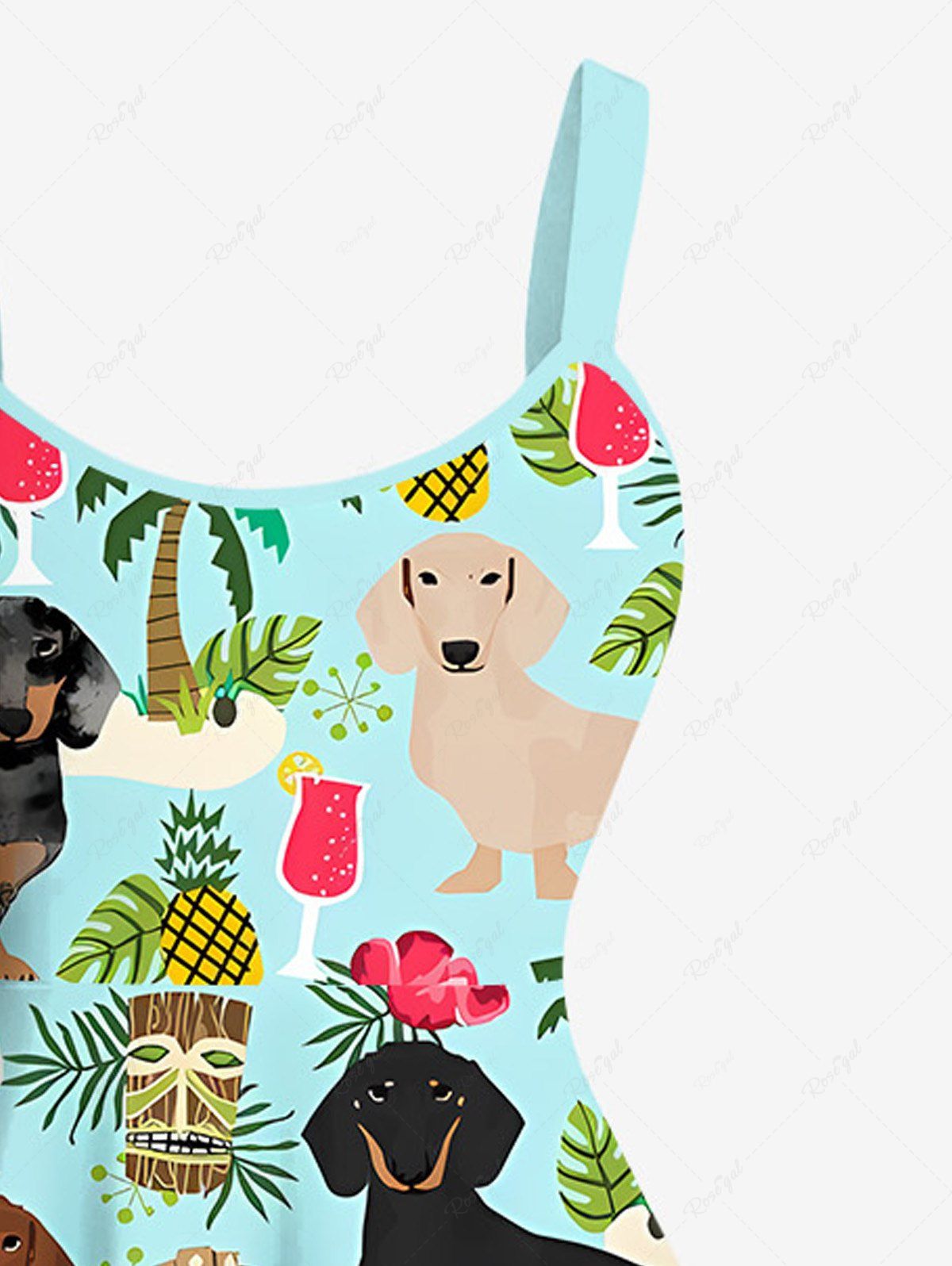 Plus Size Coconut Tree Dogs Hibiscus Flowers Pineapple Mask Print Hawaii Tank Dress