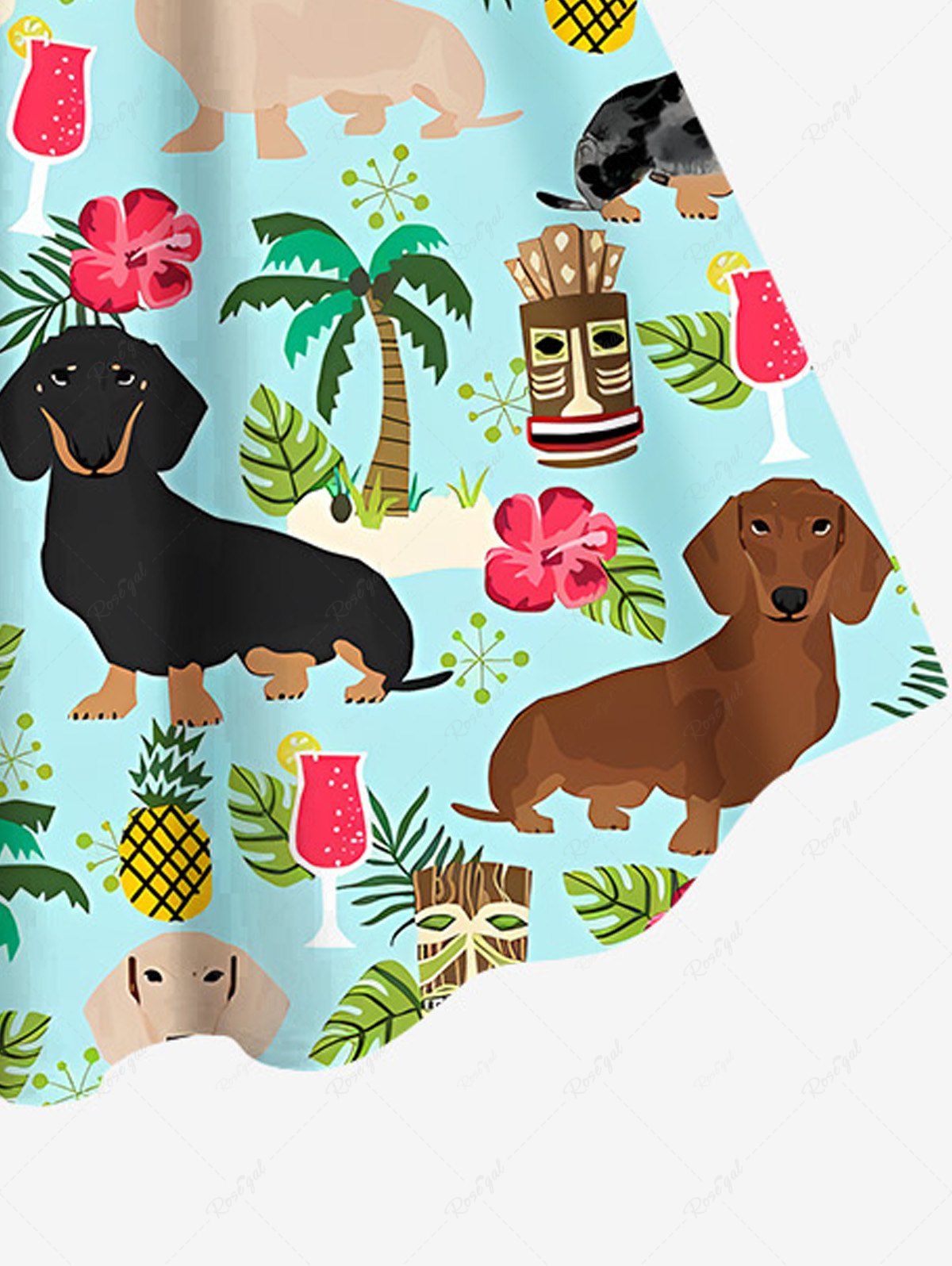 Plus Size Coconut Tree Dogs Hibiscus Flowers Pineapple Mask Print Hawaii Tank Dress