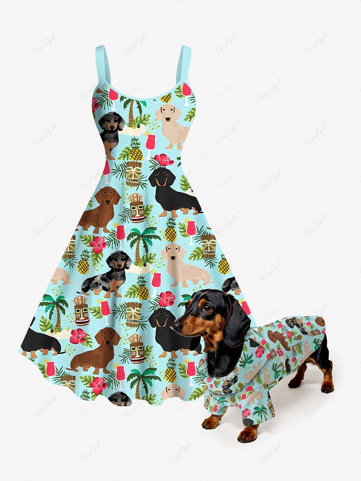 Coconut Tree Dogs Hibiscus Flowers Pineapple Mask Print Hawaii Shirt and Tank Dress Dog and Owner Matching Outfits