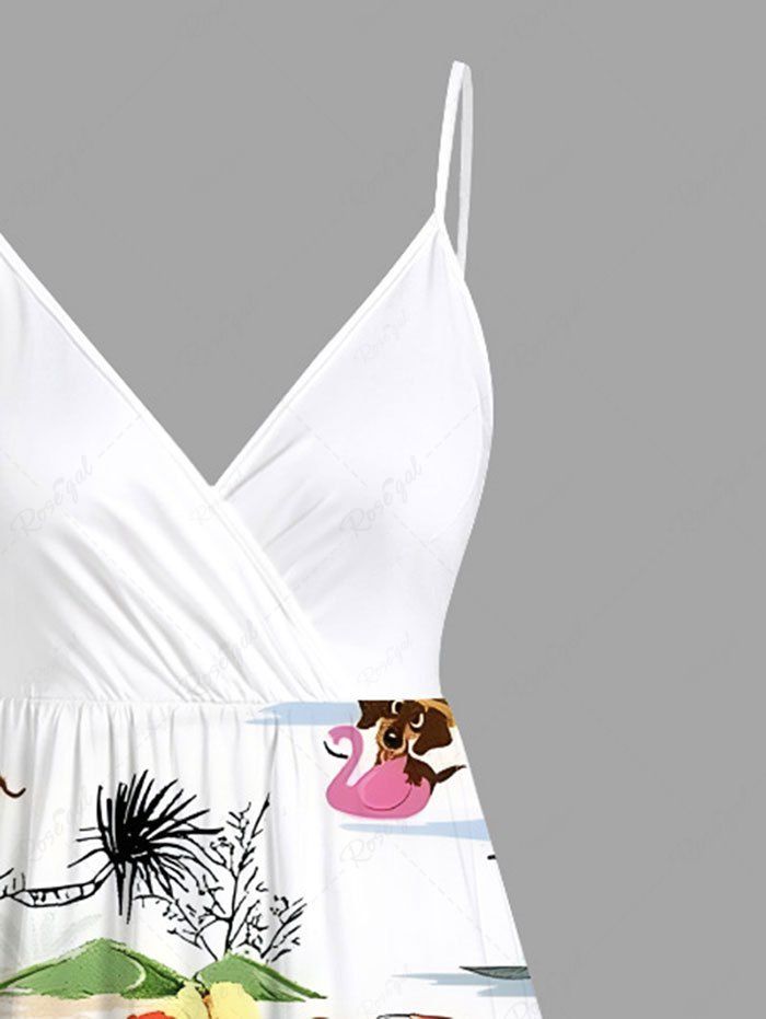 Plus Size Coconut Tree Hibiscus Flower Dog Seascape Print Hawaii Surplice A Line Cami Dress