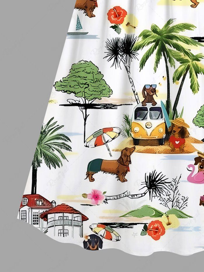 Plus Size Coconut Tree Hibiscus Flower Dog Seascape Print Hawaii Surplice A Line Cami Dress