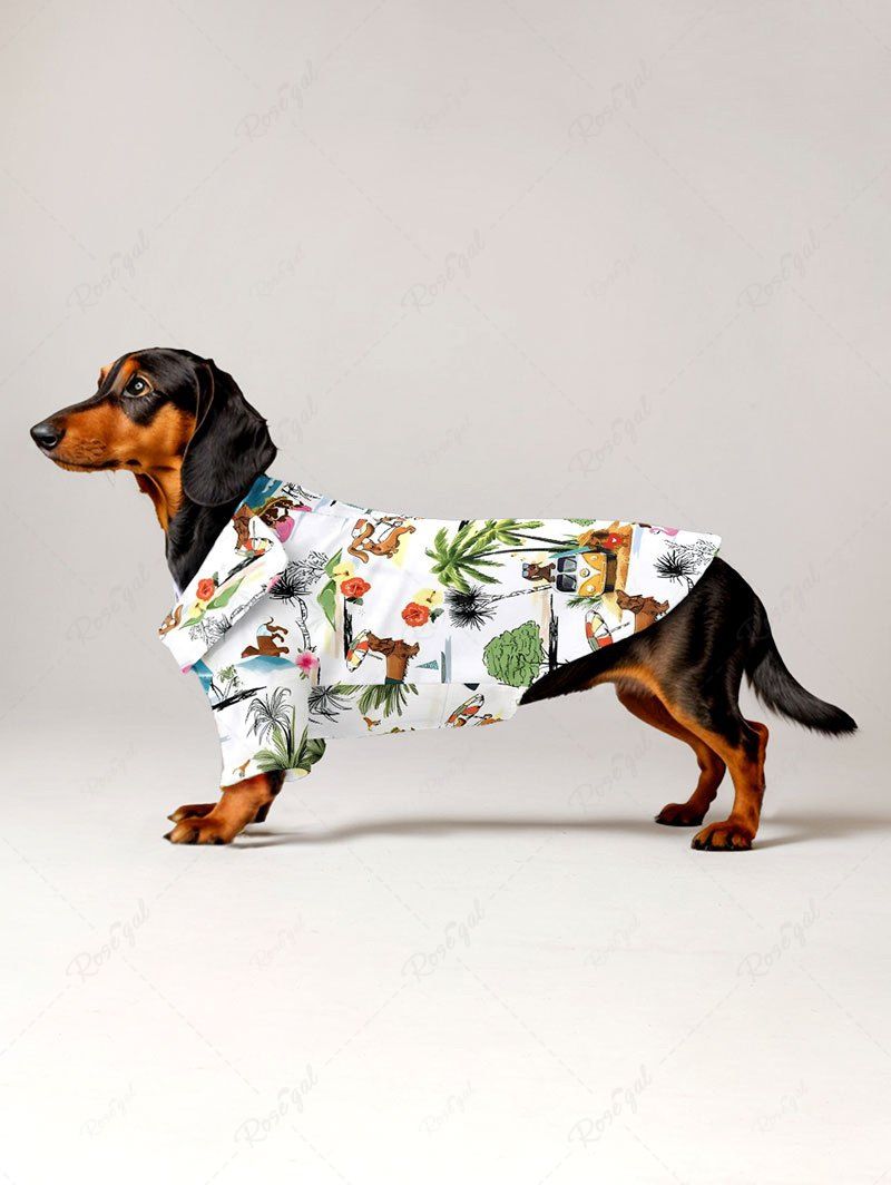 Pet's Coconut Tree Hibiscus Flower Dog Seascape Print Hawaii Button Shirt
