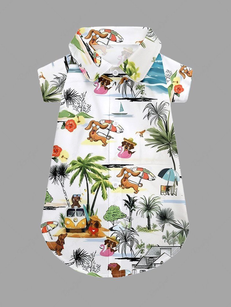 Pet's Coconut Tree Hibiscus Flower Dog Seascape Print Hawaii Button Shirt