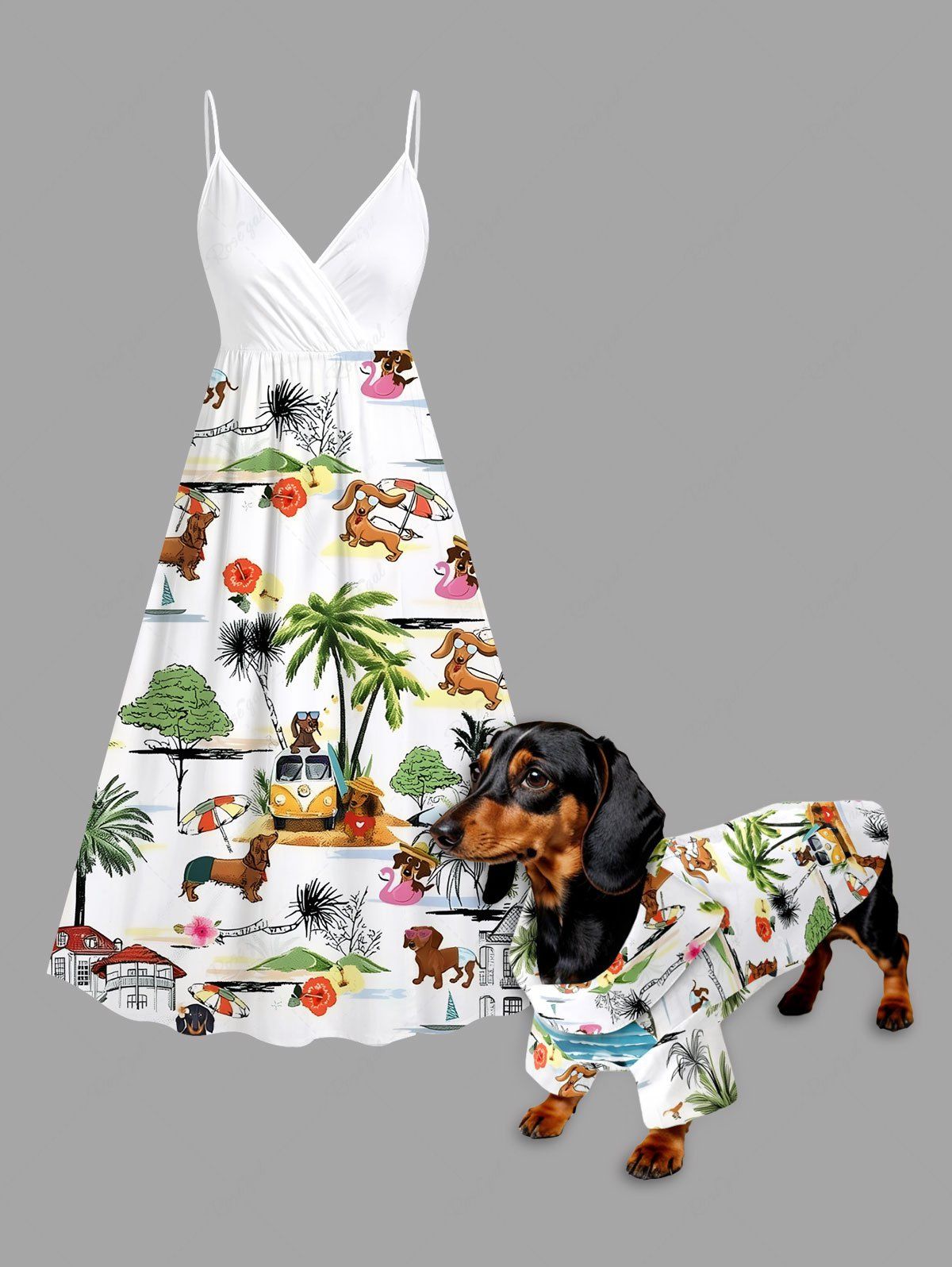 Coconut Tree Hibiscus Flower Seascape Printed Hawaii Shirt Dress Dog And Owner Matching Outfits