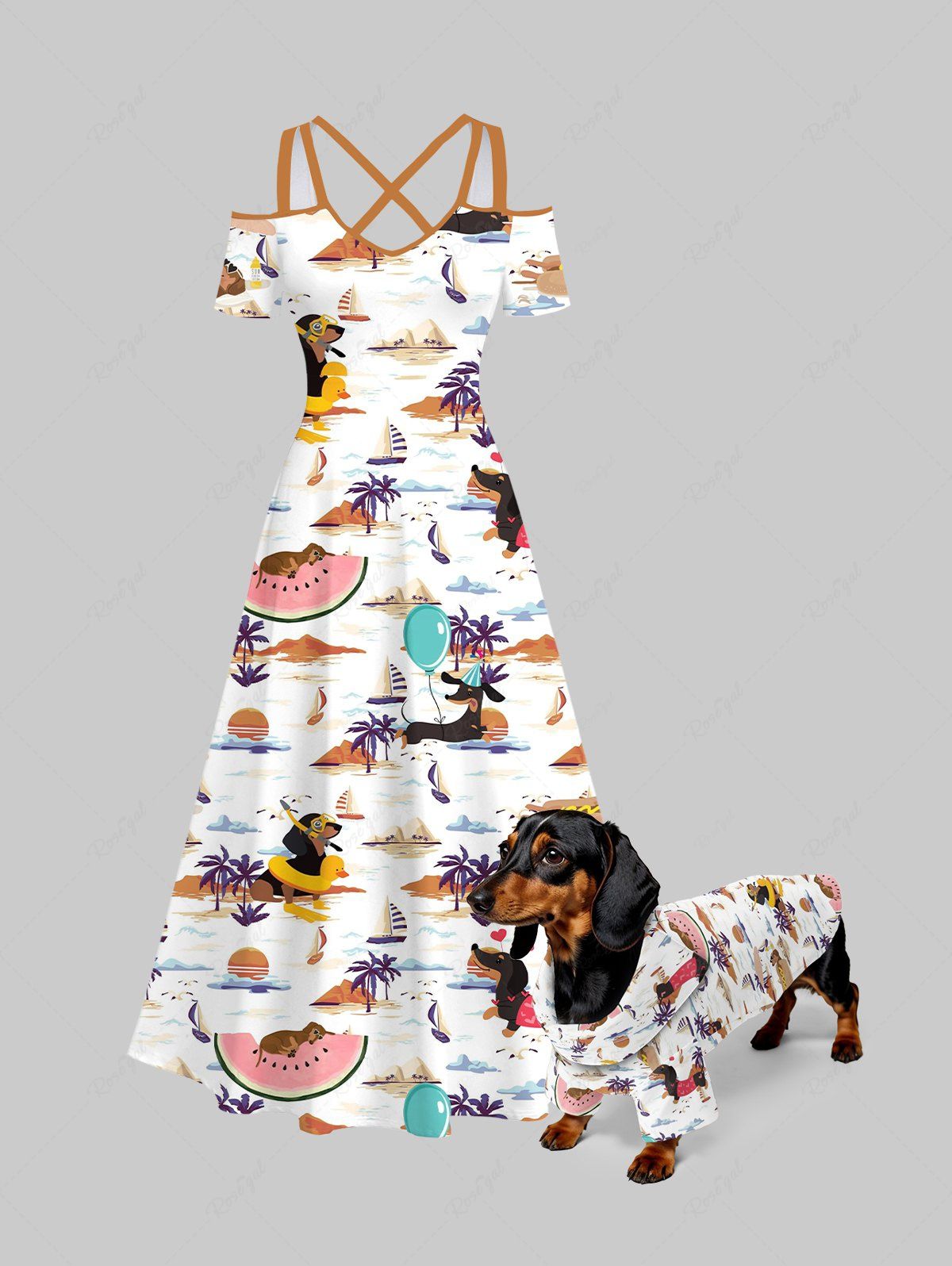 Puppy Coconut Tree Watermelon Print Hawaii Shirt Dress Dog And Owner Matching Outfits