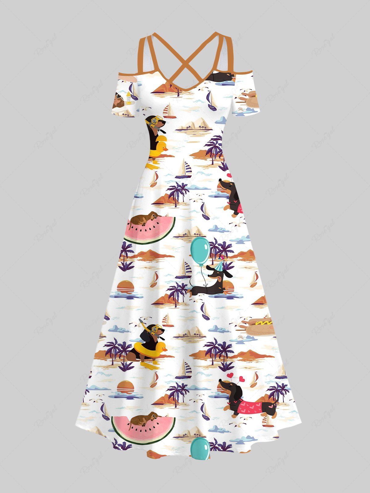 Plus Size Dog Coconut Tree Watermelon Print Cold Shoulder Crisscross Hawaii Maxi Dress