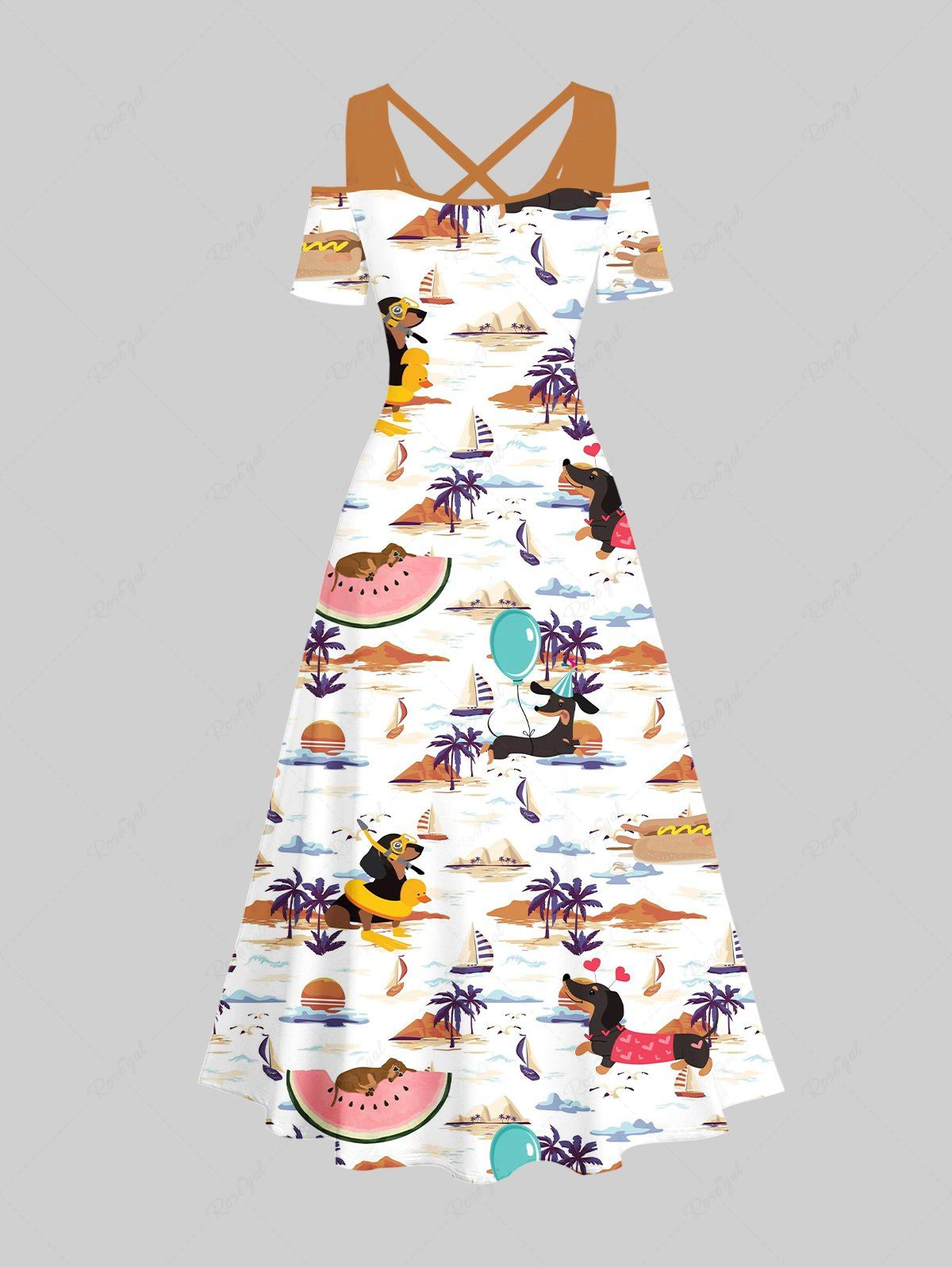 Plus Size Dog Coconut Tree Watermelon Print Cold Shoulder Crisscross Hawaii Maxi Dress