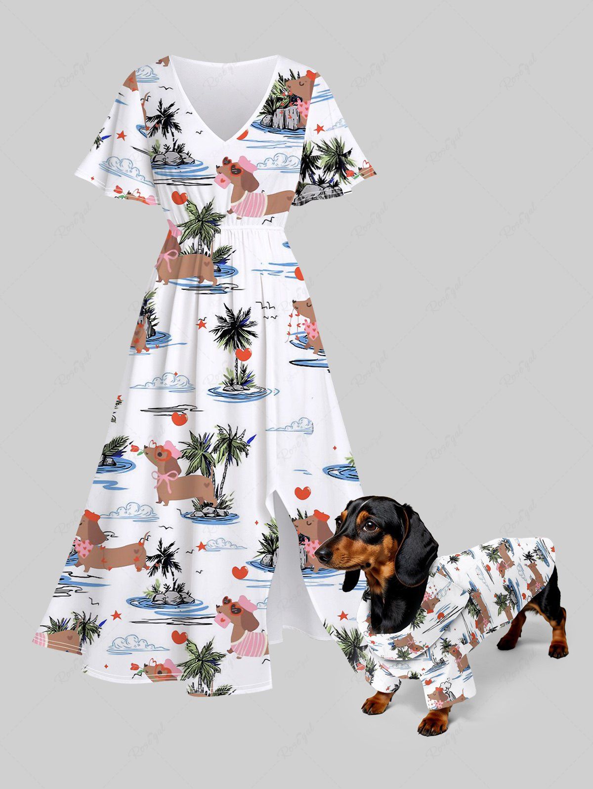 Coconut Tree Dogs Cloud Heart Star Print Hawaii Shirt and Midi Dress Dog and Owner Matching Outfits