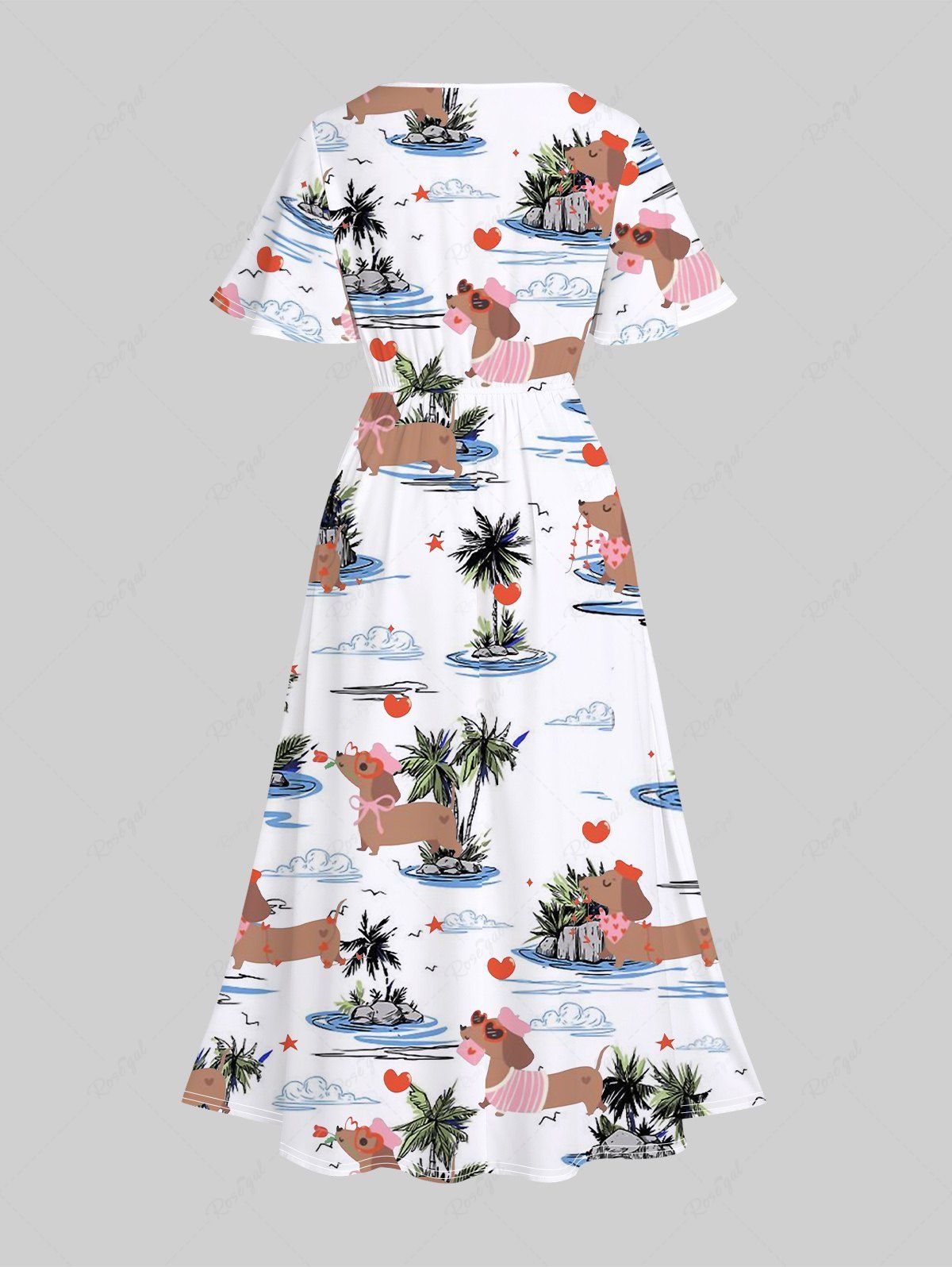 Plus Size Coconut Tree Dogs Cloud Heart Star Print Split Hawaii Midi Dress