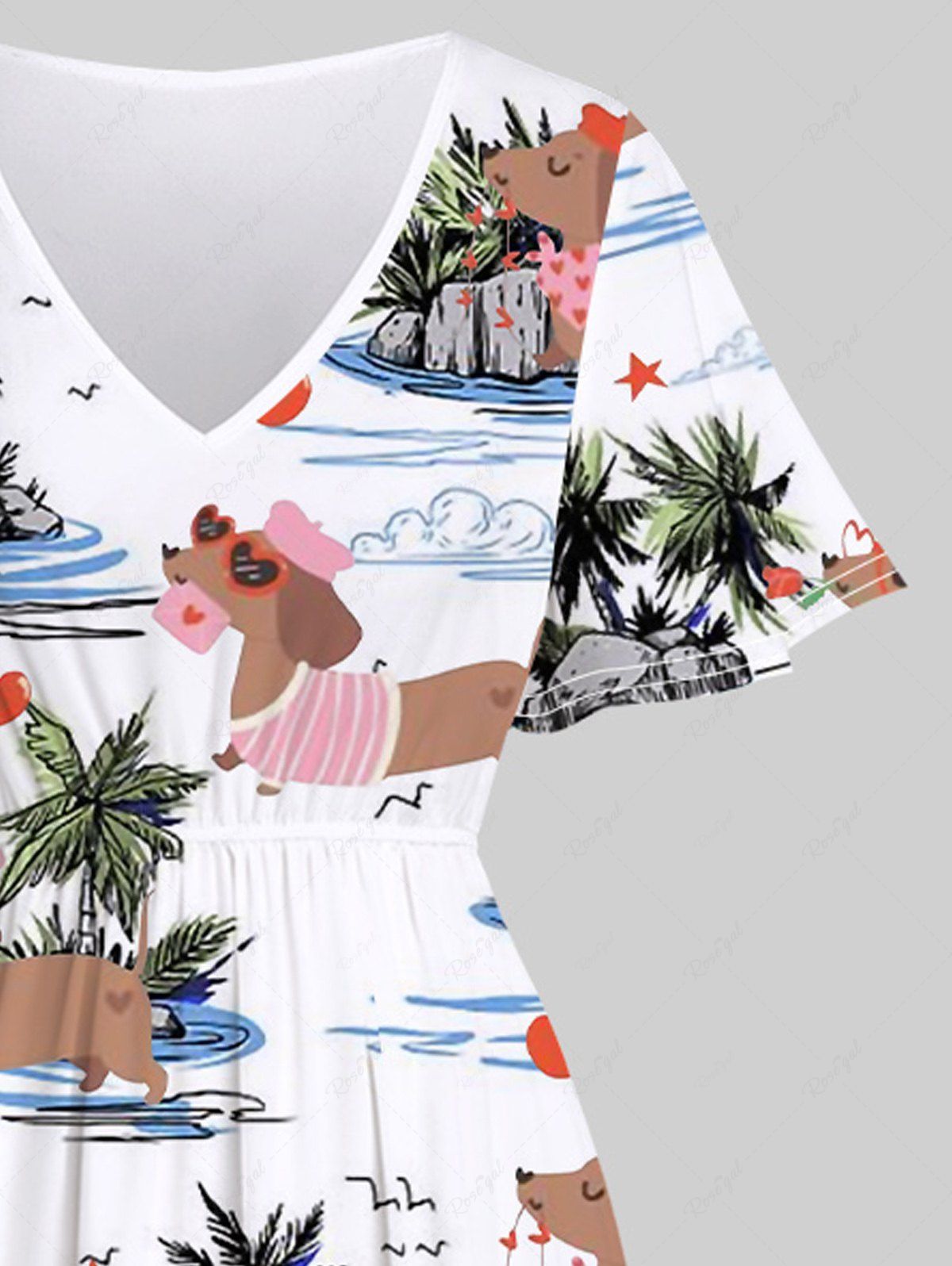 Plus Size Coconut Tree Dogs Cloud Heart Star Print Split Hawaii Midi Dress