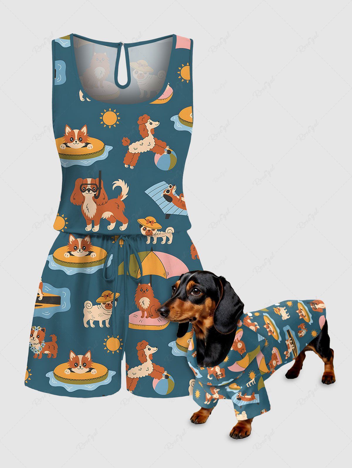 Cute Puppy Sun Beach Printed Hawaii Shirt Romper Dog And Owner Matching Outfits