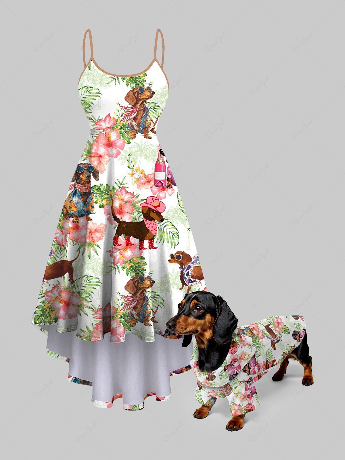 Dogs Hibiscus Flowers Tropical Leaf Print Hawaii Shirt and Cami Dress Dog and Owner Matching Outfits