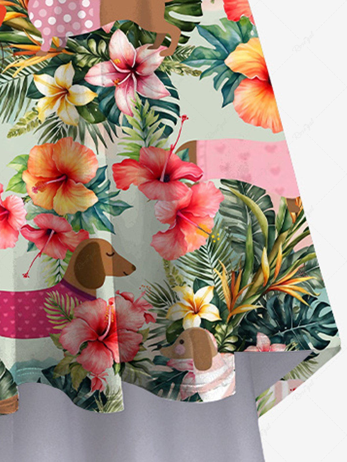 Plus Size Dogs Hibiscus Flowers Tropical Leaf Print High Low Hawaii Cami Dress
