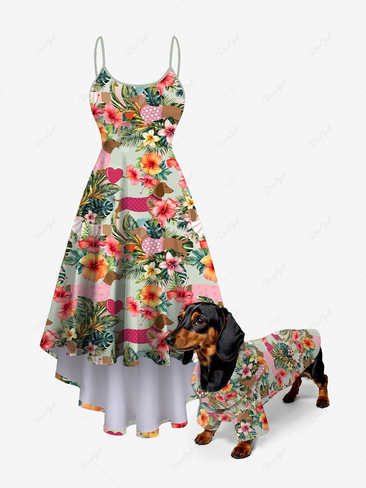 Dogs Hibiscus Flowers Tropical Leaf Print Hawaii Shirt and Cami Dress Dog and Owner Matching Outfits