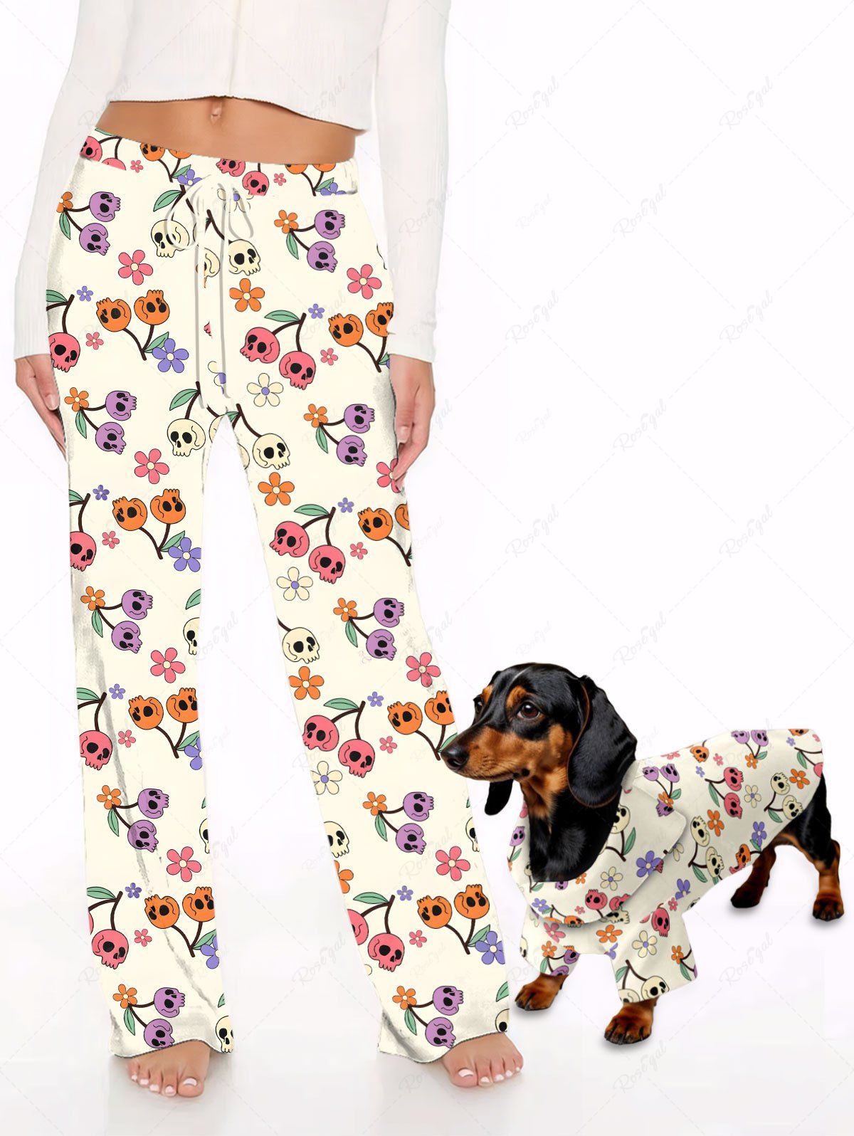 Skull Cherry Flower Printed Shirt Pants Dog And Owner Matching Outfits