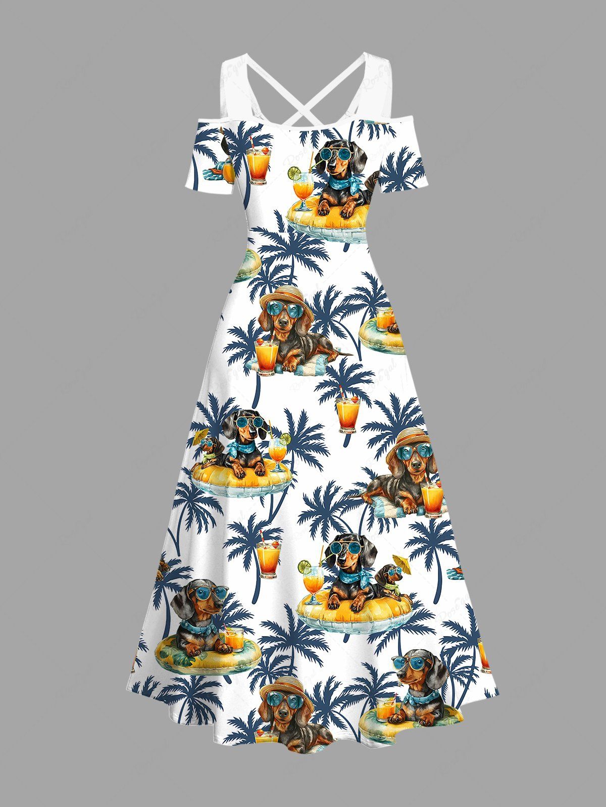Dogs Fruit Juice Coconut Tree Print Hawaii Shirt and Maxi Dress Dog and Owner Matching Outfits