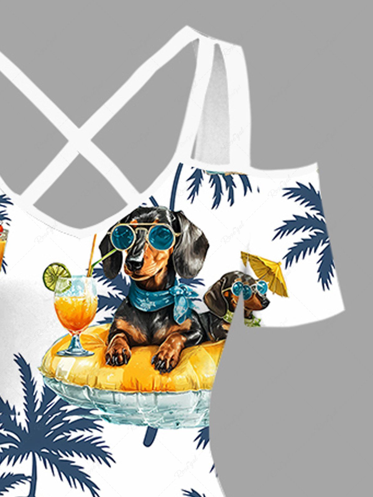 Plus Size Dogs Fruit Juice Coconut Tree Print Cold Shoulder Crisscross Hawaii Maxi Dress
