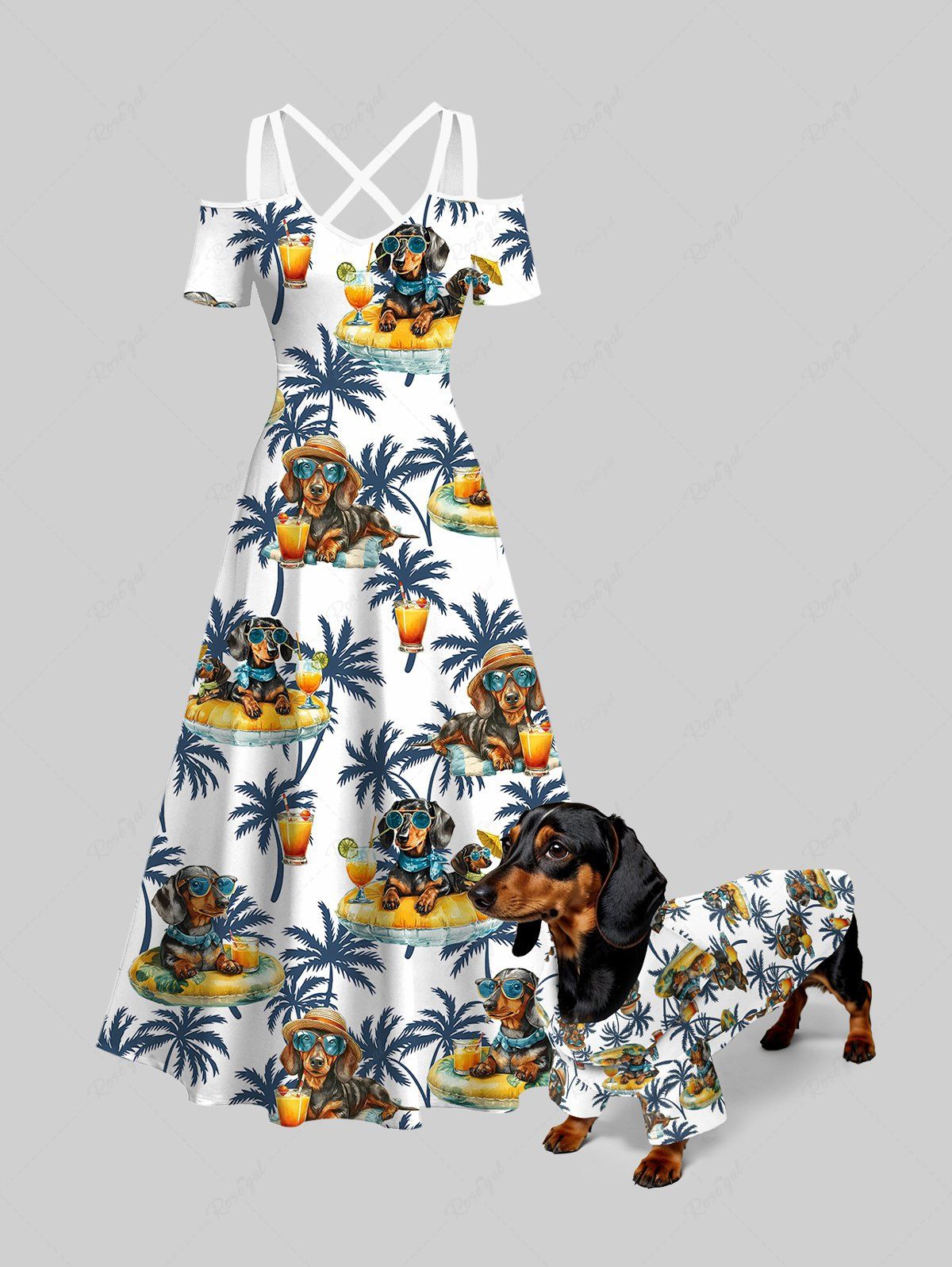 Dogs Fruit Juice Coconut Tree Print Hawaii Shirt and Maxi Dress Dog and Owner Matching Outfits
