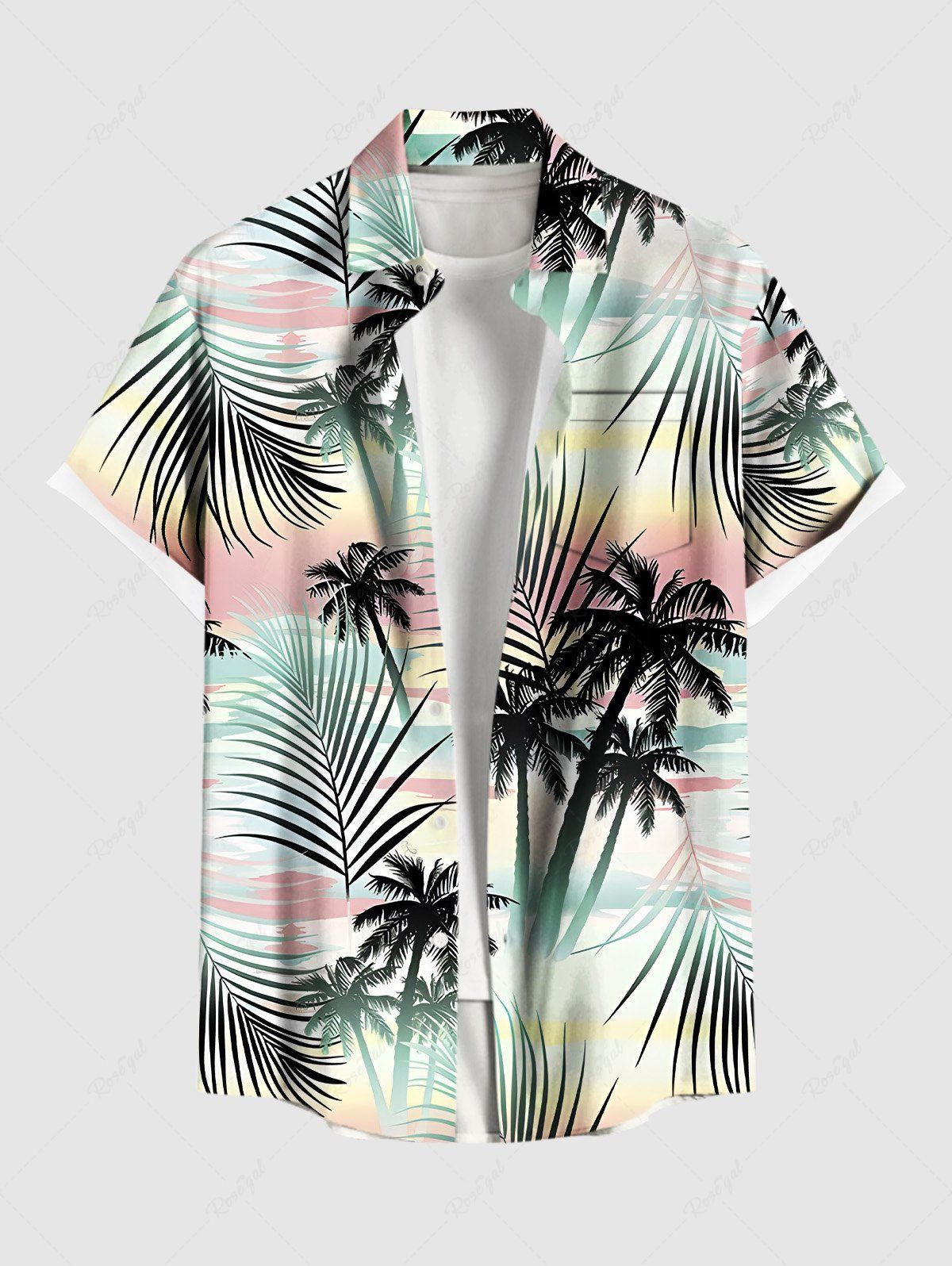 Plus Size Coconut Tree Tropical Leaf Ombre Print Buttons Pocket Hawaii Shirt For Men