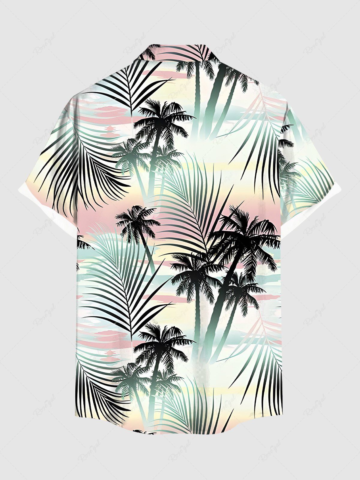 Plus Size Coconut Tree Tropical Leaf Ombre Print Buttons Pocket Hawaii Shirt For Men