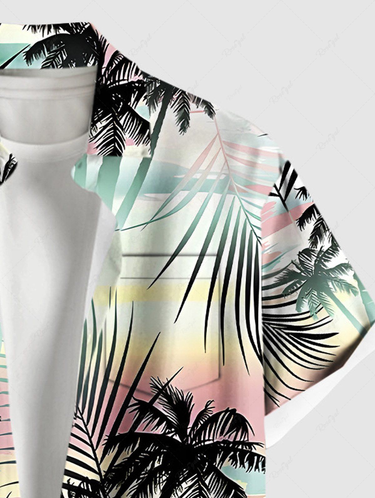 Plus Size Coconut Tree Tropical Leaf Ombre Print Buttons Pocket Hawaii Shirt For Men