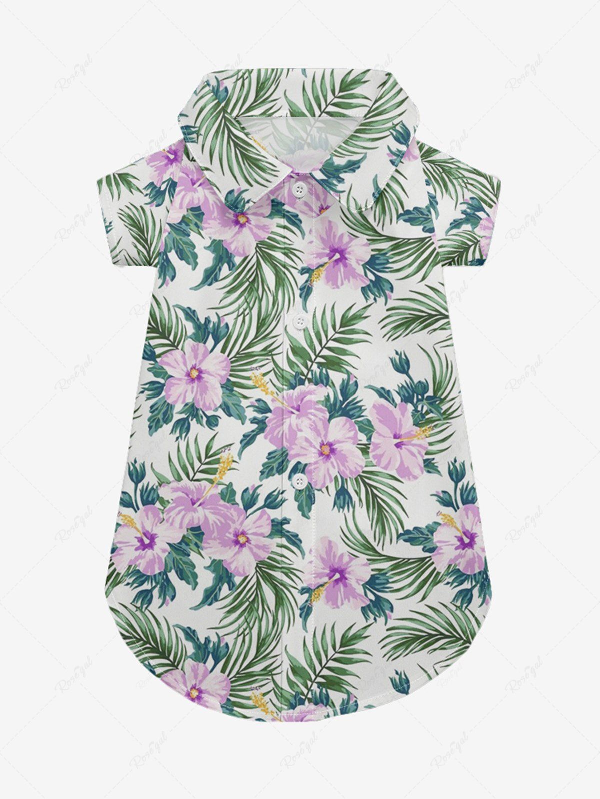Pet's Tropical Leaf Hibiscus Flower Printed Hawaii Button Shirt