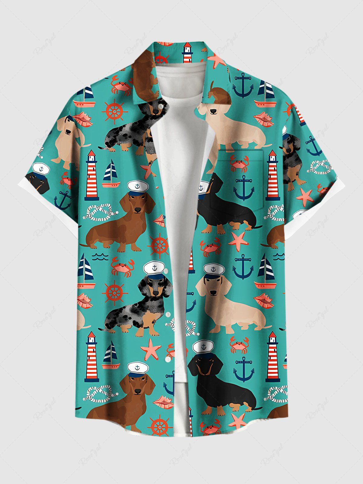 Plus Size Dogs Starfish Crab Lighthouse Anchor Print Buttons Pocket Hawaii Shirt For Men