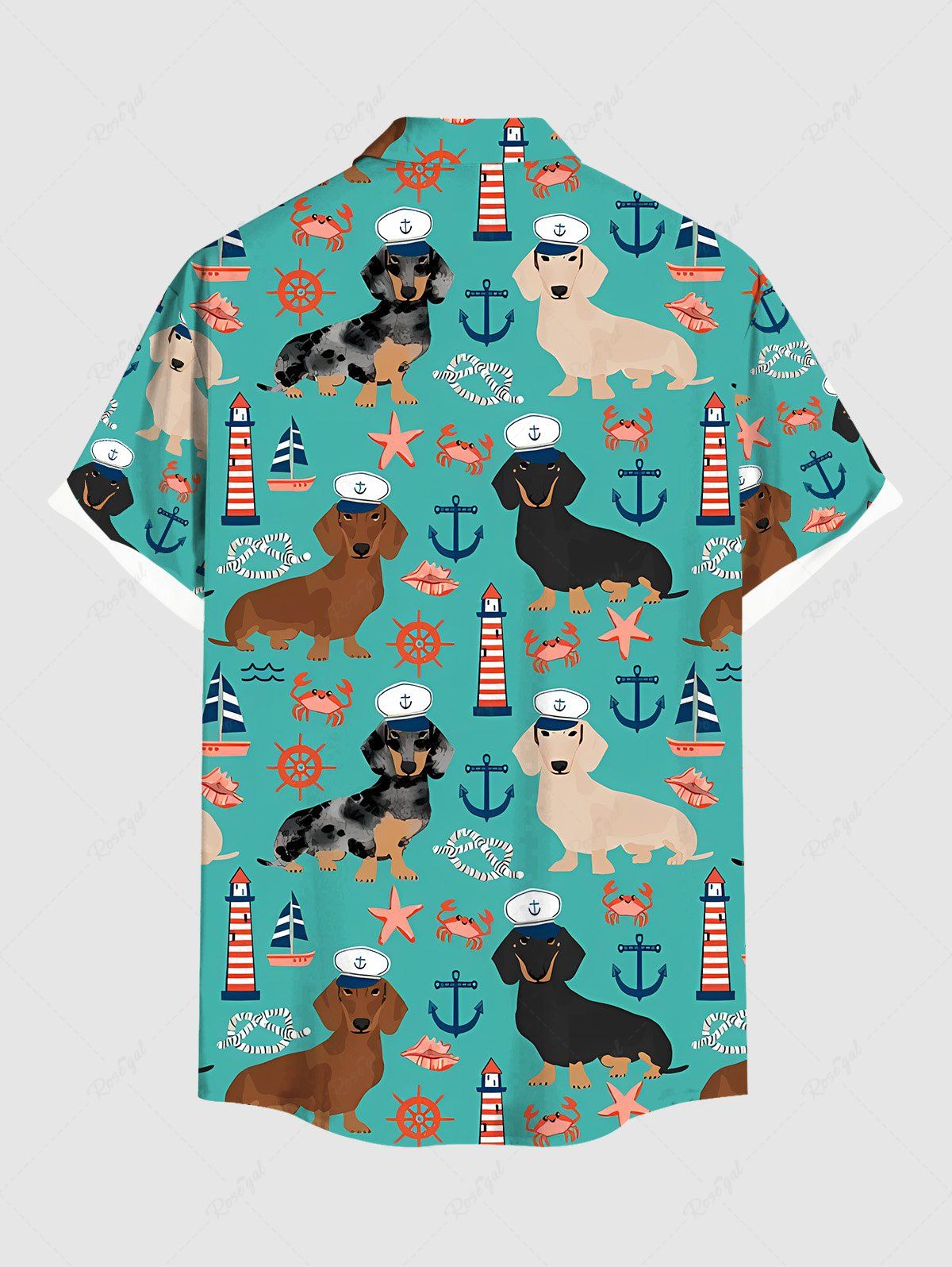 Plus Size Dogs Starfish Crab Lighthouse Anchor Print Buttons Pocket Hawaii Shirt For Men
