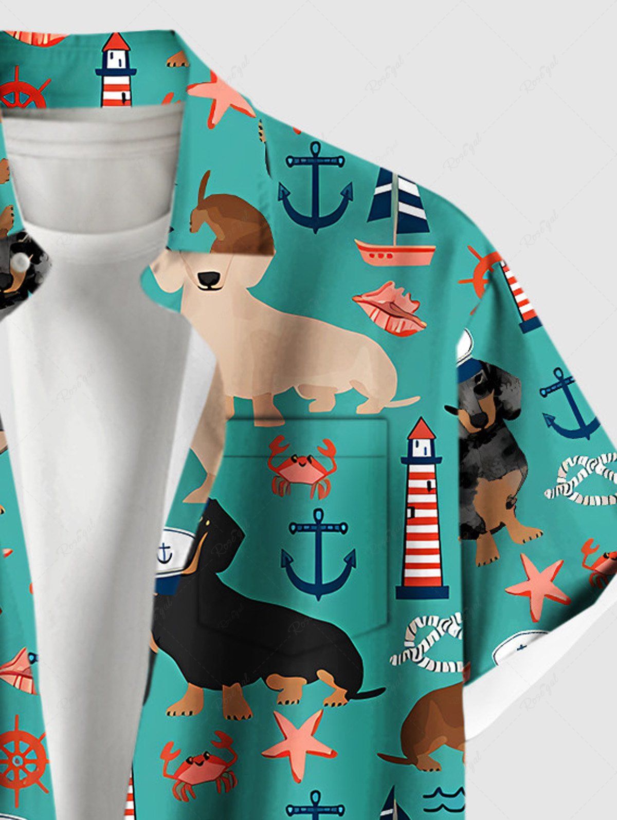 Plus Size Dogs Starfish Crab Lighthouse Anchor Print Buttons Pocket Hawaii Shirt For Men