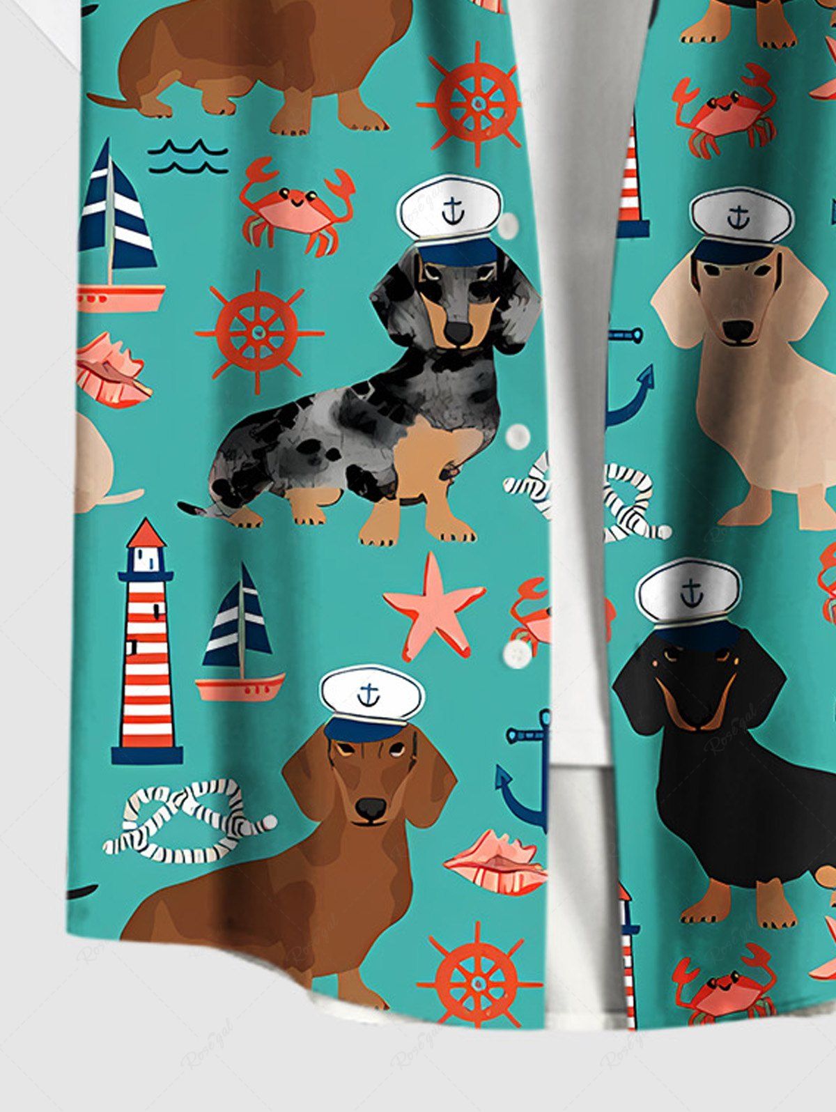 Plus Size Dogs Starfish Crab Lighthouse Anchor Print Buttons Pocket Hawaii Shirt For Men
