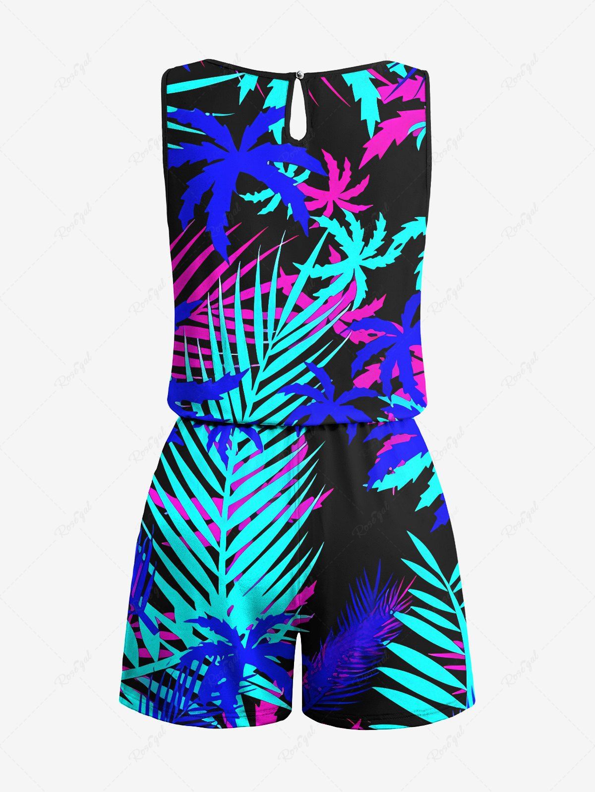 Plus Size Tropical Leaf Coconut Tree Print Cinched Hawaii Romper