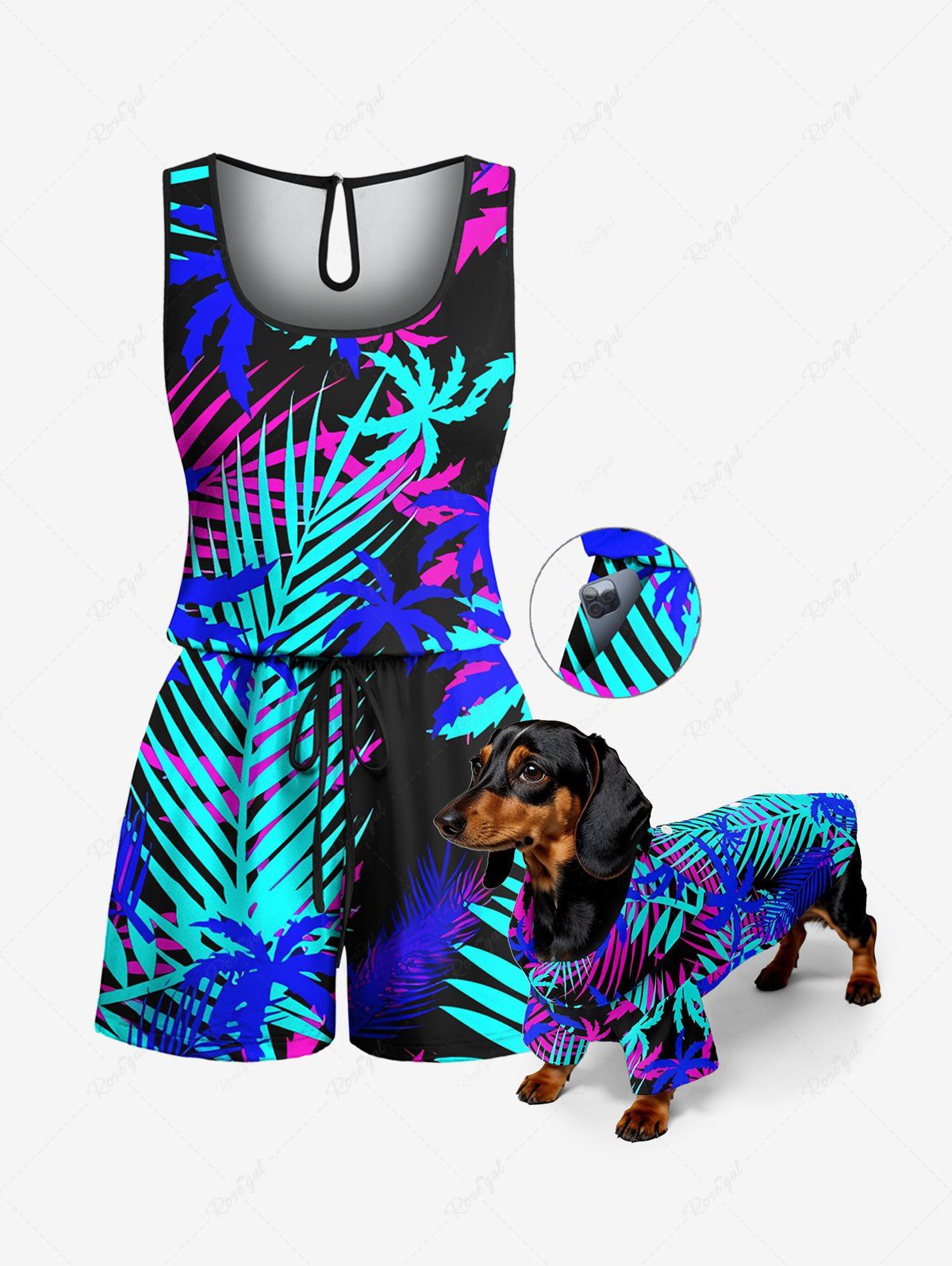 Coconut Tree Tropical Leaf Print Hawaii Shirt and Romper Dog and Owner Matching Outfits