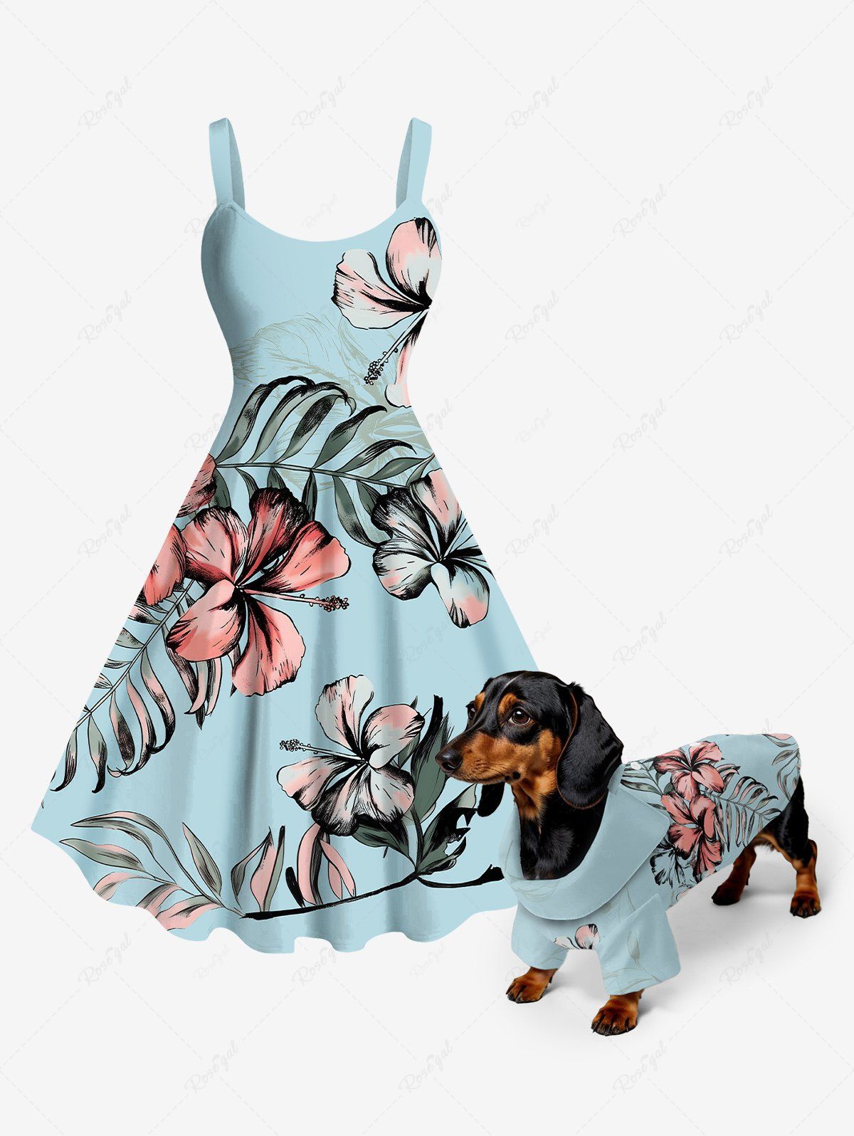 Hibiscus Flower Tropical Leaf Printed Hawaii Shirt Dress Dog And Owner Matching Outfits