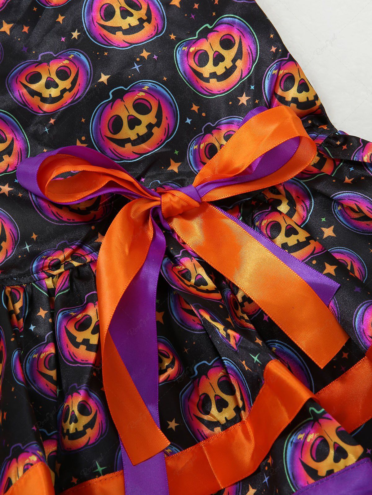 Pet's Colorful Ombre Pumpkin Star Galaxy Print Halloween Contrast Piping Bowknot Button Dress