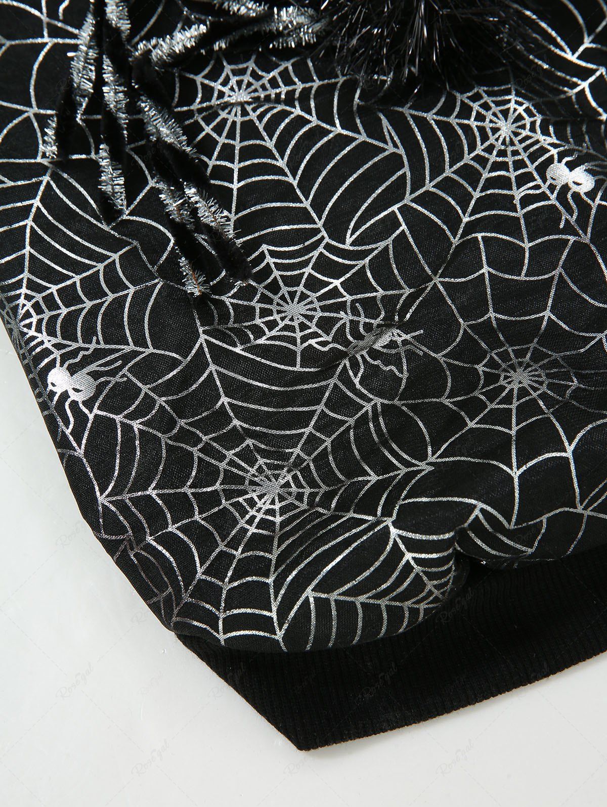 Pet's Silver Stamping Spider Web Print Turn-down Collar Halloween Button Contrast Piping Sweatshirt