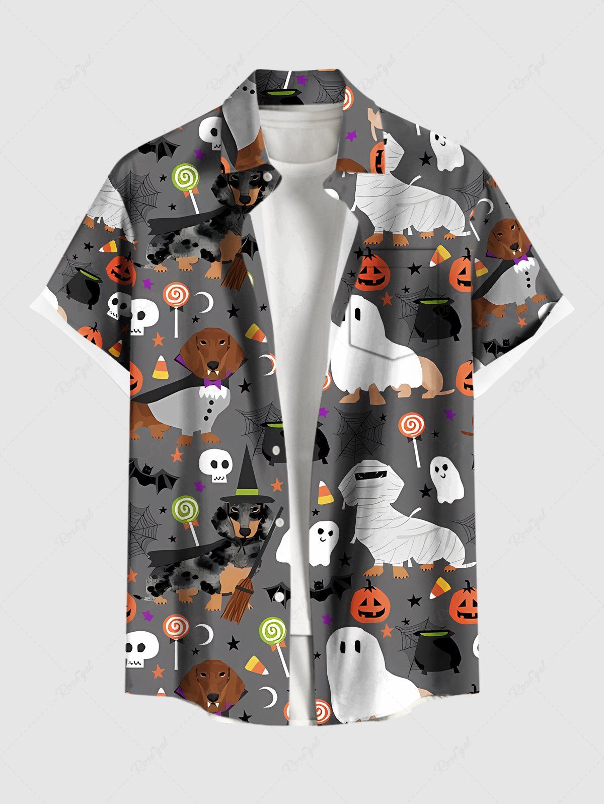 Plus Size Halloween Costume Dogs Ghost Skulls Candy Pumpkin Print Buttons Pocket Shirt For Men
