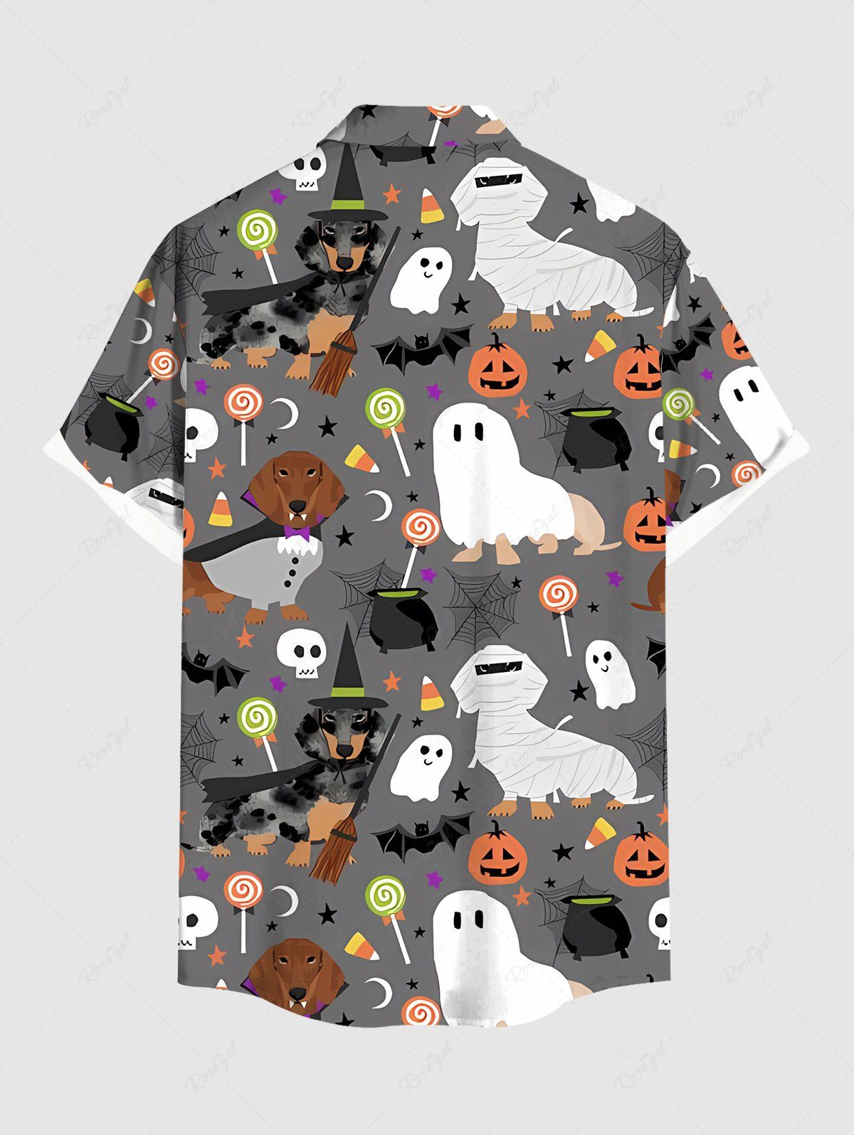 Plus Size Halloween Costume Dogs Ghost Skulls Candy Pumpkin Print Buttons Pocket Shirt For Men