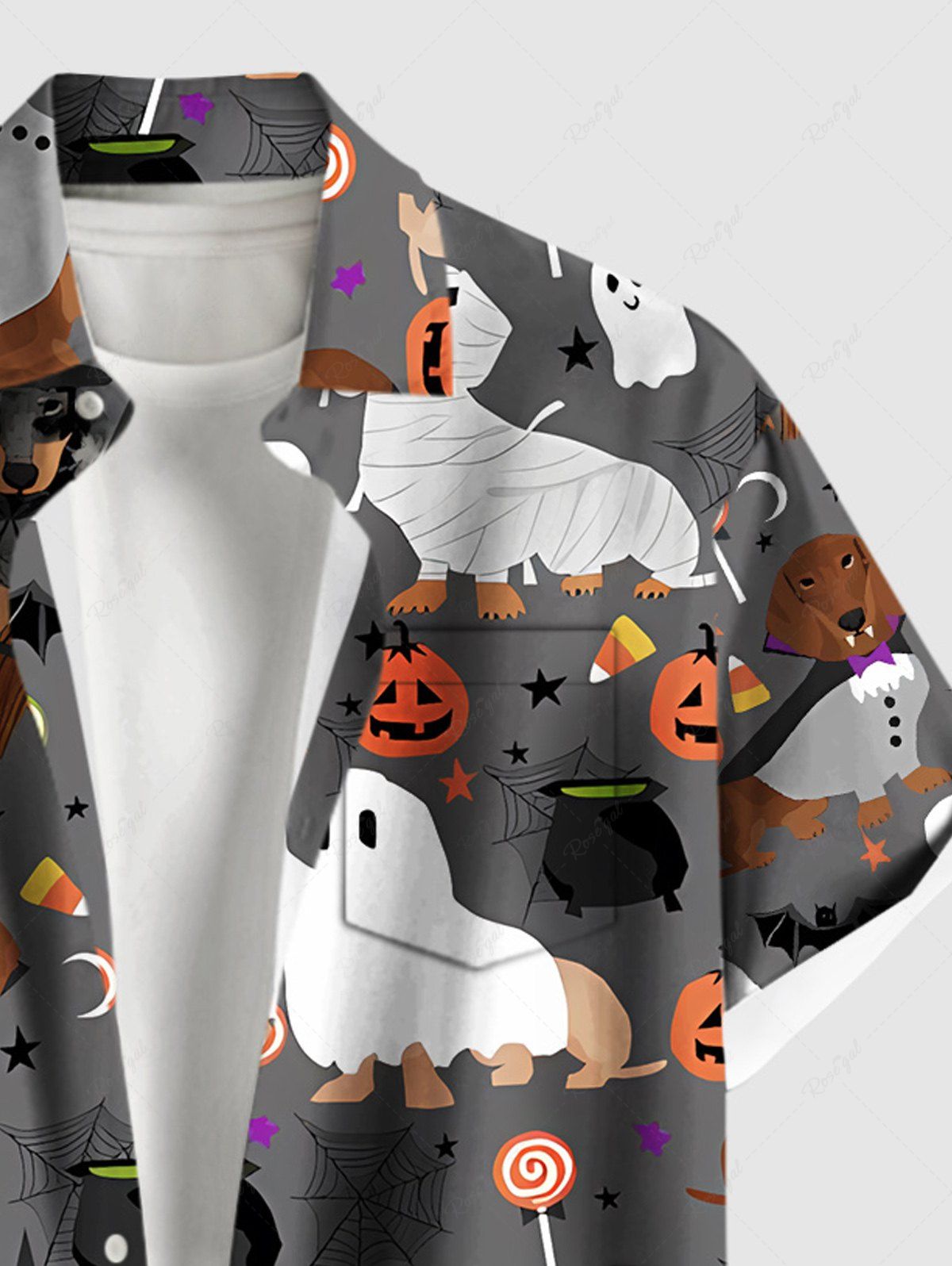 Plus Size Halloween Costume Dogs Ghost Skulls Candy Pumpkin Print Buttons Pocket Shirt For Men