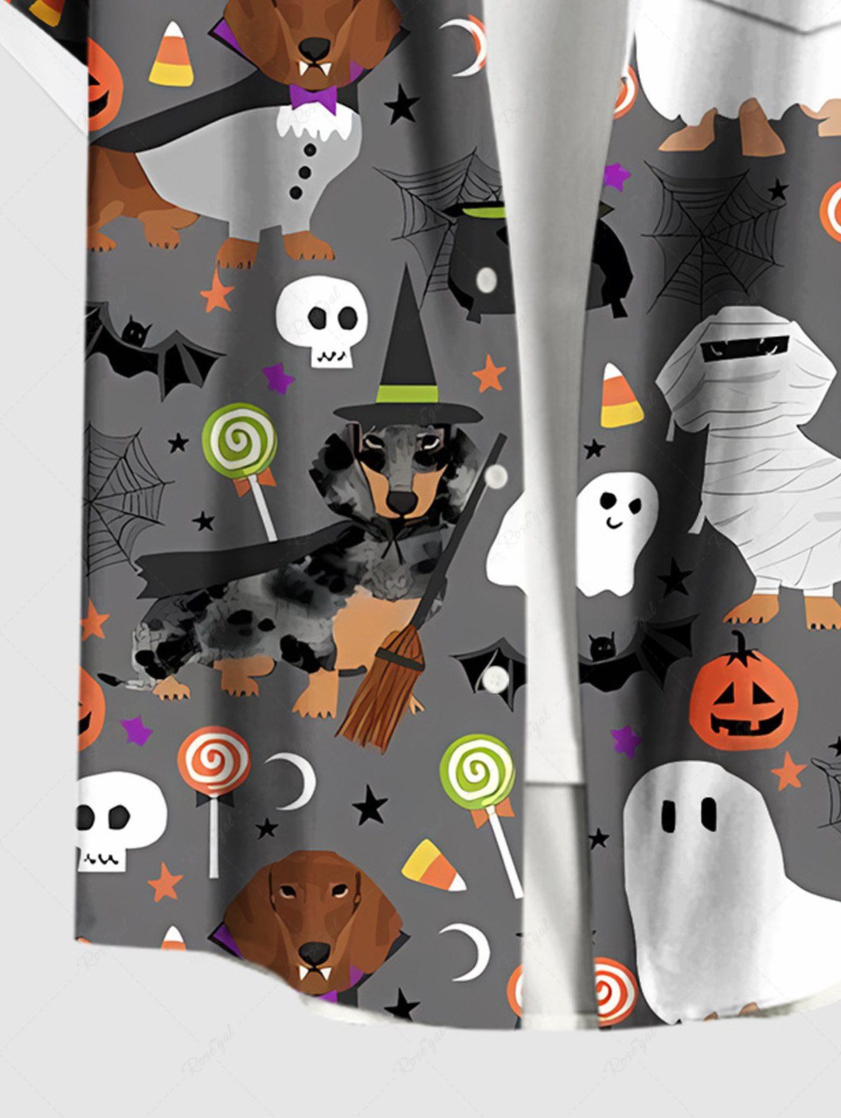 Plus Size Halloween Costume Dogs Ghost Skulls Candy Pumpkin Print Buttons Pocket Shirt For Men