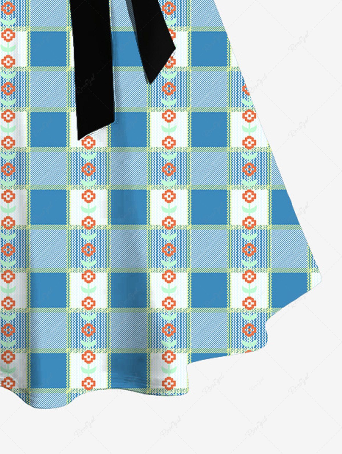 Plus Size Plaid Flowers Print Buttons Turn Down Collar Hawaii Dress With Belt