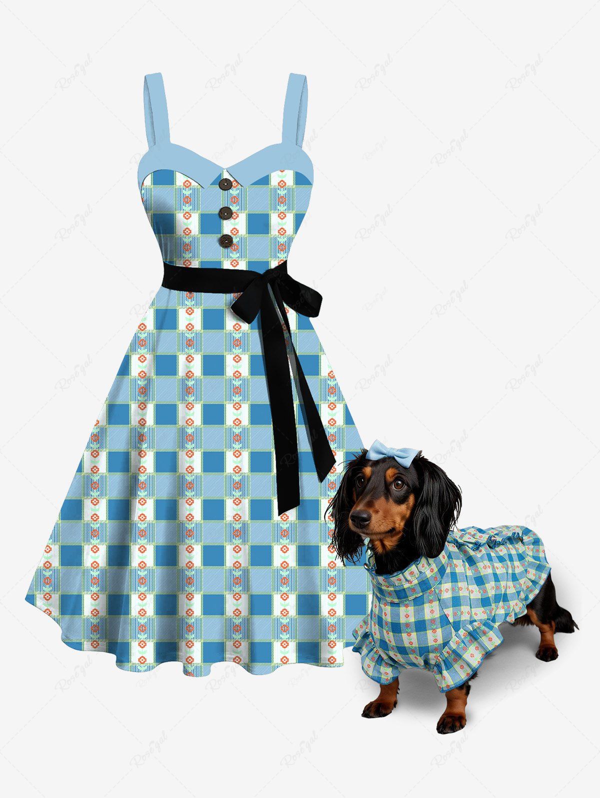 Plaid Flowers Print Ruffles Dresses Dog and Owner Matching Outfits