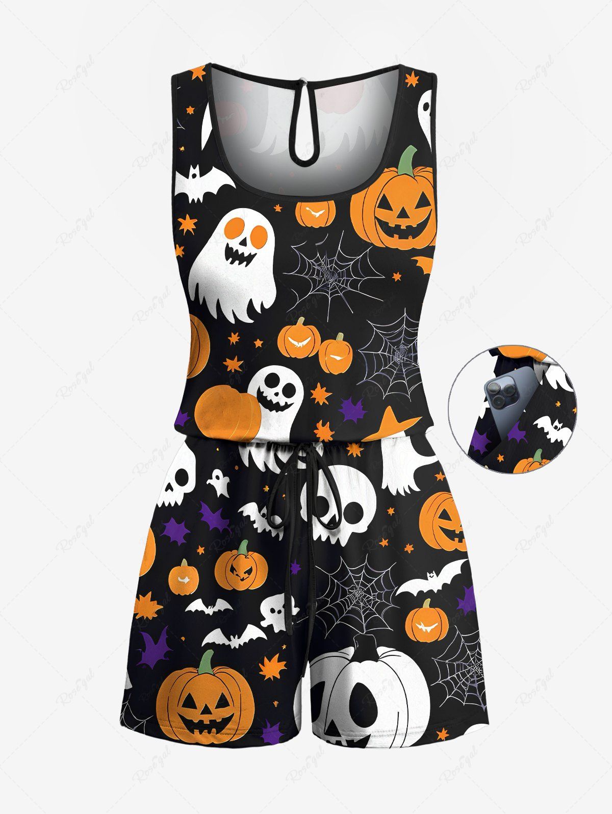 Plus Size Skull Pumpkin Ghost Spider Web Bat Print Halloween Drawstring Pocket Romper