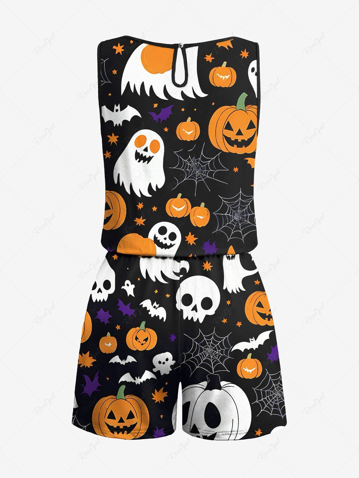 Plus Size Skull Pumpkin Ghost Spider Web Bat Print Halloween Drawstring Pocket Romper