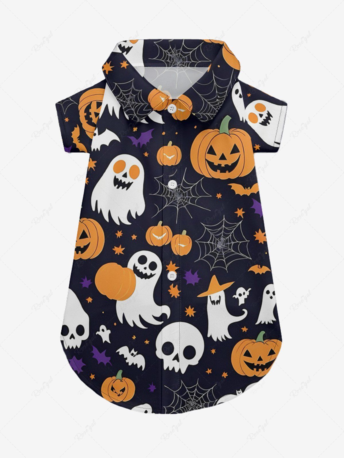 Pet's Skull Pumpkin Ghost Spider Web Bat Print Halloween Button Shirt